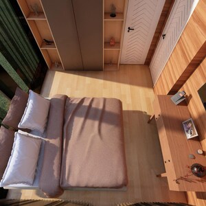 May include: An overhead view of a modern bedroom with a bed, nightstand, and built-in closet. The bed has a brown comforter and white pillows. The nightstand has a TV and decorative items. The room has wooden floors and walls.