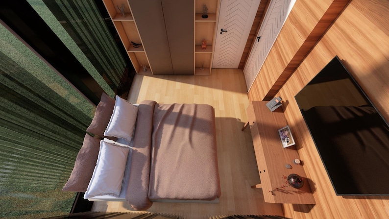 May include: An overhead view of a modern bedroom with a bed, nightstand, and built-in closet. The bed has a brown comforter and white pillows. The nightstand has a TV and decorative items. The room has wooden floors and walls.