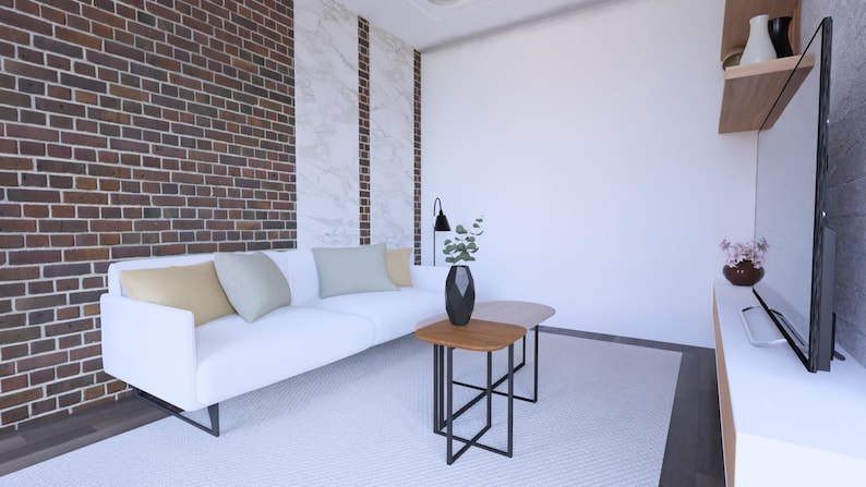Peut inclure: Salon moderne avec un canap&eacute; blanc, des coussins d&eacute;coratifs et deux petites tables en bois avec des pieds en m&eacute;tal noir. Un vase noir avec de la verdure est pos&eacute; sur l'une des tables. La pi&egrave;ce a un mur de briques et une grande t&eacute;l&eacute;vision.