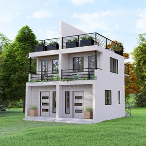 K&ouml;nnte beinhalten: Ein modernes, zweist&ouml;ckiges wei&szlig;es Haus mit Flachdach und schwarzen Gel&auml;ndern. Das Haus hat einen Balkon und Dachpflanzk&auml;sten. Die Fassade verf&uuml;gt &uuml;ber gro&szlig;e Fenster und T&uuml;ren. Das Haus ist von gr&uuml;nem Gras und B&auml;umen umgeben.