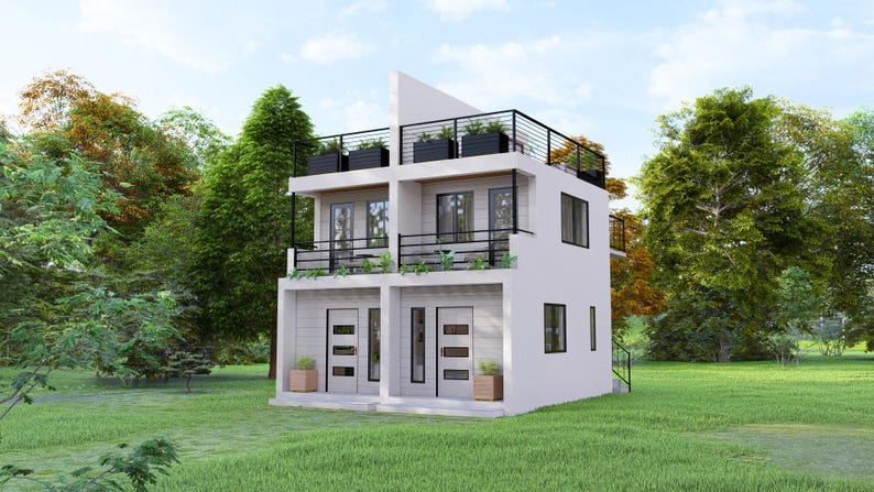 K&ouml;nnte beinhalten: Ein modernes, zweist&ouml;ckiges wei&szlig;es Haus mit Flachdach und schwarzen Gel&auml;ndern. Das Haus hat einen Balkon und Dachpflanzk&auml;sten. Die Fassade verf&uuml;gt &uuml;ber gro&szlig;e Fenster und T&uuml;ren. Das Haus ist von gr&uuml;nem Gras und B&auml;umen umgeben.