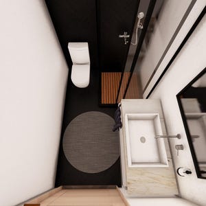 May include: An overhead view of a modern bathroom with a white toilet, a rectangular sink, and a large mirror. The floor has a dark gray circular rug and a wooden shower bench. The walls are white and black.