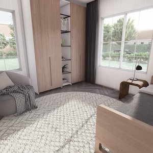 May include: A modern bedroom interior with natural light. Features include a bed, armchair, rug, and wooden wardrobe. The room has large windows with dark gray curtains, and a wooden floor.