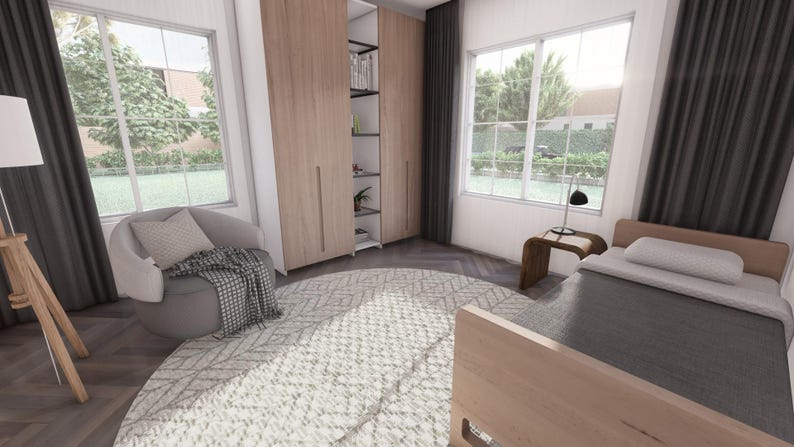 May include: A modern bedroom interior with natural light. Features include a bed, armchair, rug, and wooden wardrobe. The room has large windows with dark gray curtains, and a wooden floor.
