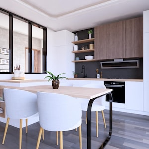 Peut inclure: Int&eacute;rieur de cuisine moderne avec des meubles blancs, des accents en bois et une table &agrave; manger avec des chaises blanches. La cuisine comprend un four encastr&eacute;, une hotte aspirante et des &eacute;tag&egrave;res ouvertes. Une petite plante est pos&eacute;e sur la table.