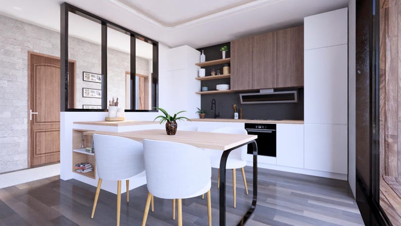 Peut inclure: Int&eacute;rieur de cuisine moderne avec des meubles blancs, des accents en bois et une table &agrave; manger avec des chaises blanches. La cuisine comprend un four encastr&eacute;, une hotte aspirante et des &eacute;tag&egrave;res ouvertes. Une petite plante est pos&eacute;e sur la table.