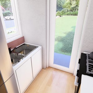 May include: Interior shot of a modern kitchen with a stainless steel sink, white cabinets, and a gas stove. A black kettle and a gray teapot sit on the stove. A window and a door provide natural light.