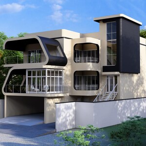 May include: Modern, multi-story house with a unique architectural design. The building features a beige exterior with black accents, large windows, and balconies. The house is surrounded by lush greenery and a blue sky.