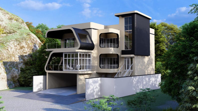 May include: Modern, multi-story house with a unique architectural design. The building features a beige exterior with black accents, large windows, and balconies. The house is surrounded by lush greenery and a blue sky.