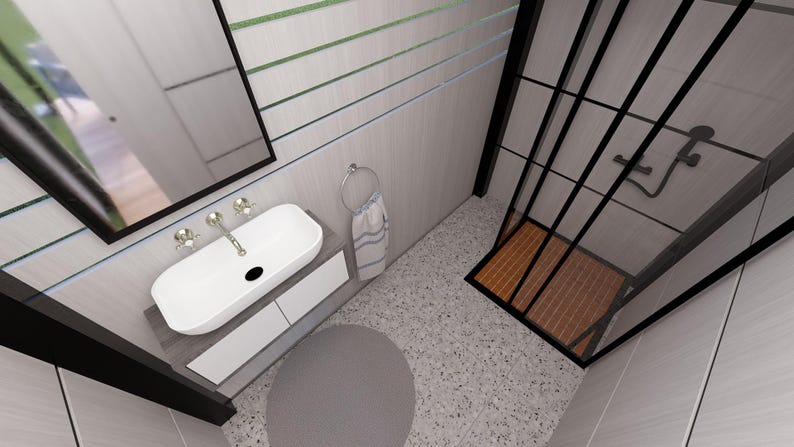 Op de afbeelding: Een modern badkamerontwerp met een witte ovale wastafel met chromen armaturen, een grote spiegel en een glazen douchecabine met een houten vloer. De vloer is gespikkeld met grijs en wit. Een handdoek hangt aan een chromen ring.