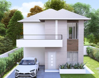 Plano de casa pequeña moderna: 4 dormitorios, 2 plantas (Descarga digital)