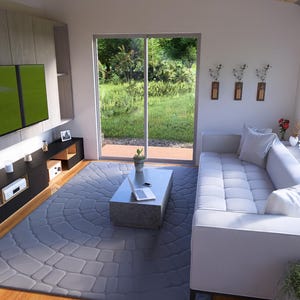 May include: A contemporary living room with a white sofa, grey rug, and a flat-screen TV. The room features a large window with blinds, a coffee table, and decorative items. The colour scheme is neutral with pops of green from the outside view.