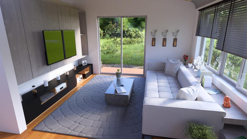 May include: A contemporary living room with a white sofa, grey rug, and a flat-screen TV. The room features a large window with blinds, a coffee table, and decorative items. The colour scheme is neutral with pops of green from the outside view.