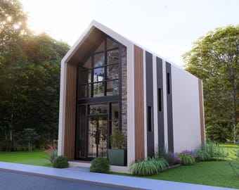 Plan et élévation d'une maison moderne et ingénieuse : 1 chambre (4 x 7 mètres) (Téléchargement numérique)