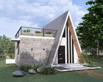 Plano de casa moderna pequeña de 7x8 metros con estructura en forma de A: Planta y elevación de 1 dormitorio (descarga digital)