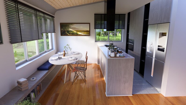 May include: Contemporary kitchen featuring a light wood floor and a white countertop island. A round dining table with two chairs is positioned near a window with blinds. A stainless steel fridge and built-in oven are also visible.