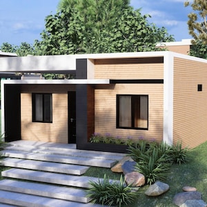 Puede incluir: Una casa moderna de una sola planta con techo plano y revestimiento marr&oacute;n claro. La casa cuenta con ventanas con marcos negros, una escalera de hormig&oacute;n y est&aacute; rodeada de c&eacute;sped verde y paisajismo.