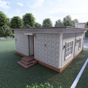 Peut inclure: Une petite maison moderne avec un toit plat et un rev&ecirc;tement ext&eacute;rieur en briques gris clair. La maison a une porte et des marches marron, des fen&ecirc;tres &agrave; encadrement blanc, et est entour&eacute;e d'herbe verte et d'arbres. Le ciel est bleu avec quelques nuages.