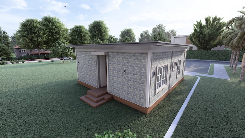 Peut inclure: Une petite maison moderne avec un toit plat et un rev&ecirc;tement ext&eacute;rieur en briques gris clair. La maison a une porte et des marches marron, des fen&ecirc;tres &agrave; encadrement blanc, et est entour&eacute;e d'herbe verte et d'arbres. Le ciel est bleu avec quelques nuages.
