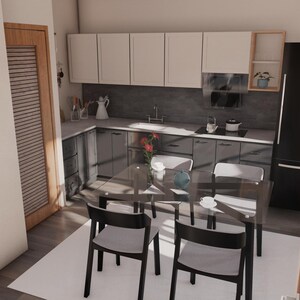 Peut inclure: Une cuisine et une salle &agrave; manger modernes avec des armoires blanches, des comptoirs gris et un r&eacute;frig&eacute;rateur noir. Une table &agrave; manger en verre est entour&eacute;e de chaises noires. La pi&egrave;ce est bien &eacute;clair&eacute;e, avec une porte en bois et un tapis blanc.