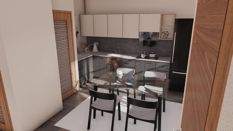 Peut inclure: Une cuisine et une salle &agrave; manger modernes avec des armoires blanches, des comptoirs gris et un r&eacute;frig&eacute;rateur noir. Une table &agrave; manger en verre est entour&eacute;e de chaises noires. La pi&egrave;ce est bien &eacute;clair&eacute;e, avec une porte en bois et un tapis blanc.