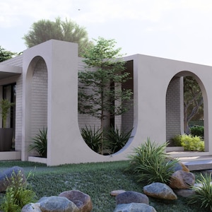 May include: A modern, minimalist home with a white brick facade and arched architectural details. The design incorporates natural elements with greenery and a landscaped yard. Features include a covered entryway and large windows.