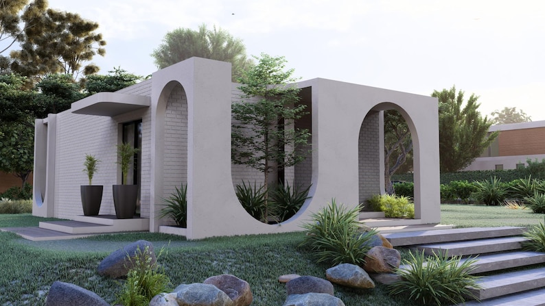 May include: A modern, minimalist home with a white brick facade and arched architectural details. The design incorporates natural elements with greenery and a landscaped yard. Features include a covered entryway and large windows.