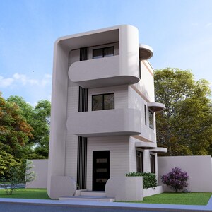 以下が含まれることがあります： 丸みを帯びた建築的特徴を持つ、モダンな3階建ての白い家。家にはバルコニーと大きな窓があります。緑豊かな木々と青い空が建物の背景となっています。紫色の花の小さなパッチが見えます。