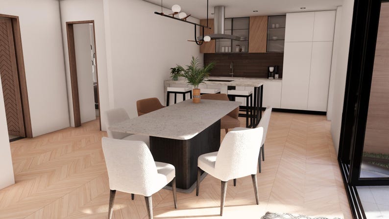 May include: A dining room featuring a rectangular stone-topped table with a dark base, surrounded by four white upholstered chairs and two brown chairs. The kitchen area includes white cabinetry, wood-toned accents, and a kitchen island with stools.