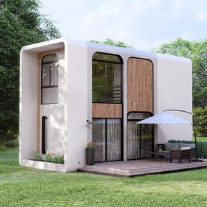 May include: Contemporary two-storey white house with large windows and wooden panels. Includes a small patio with outdoor furniture and a white parasol. Situated on a green lawn surrounded by trees.