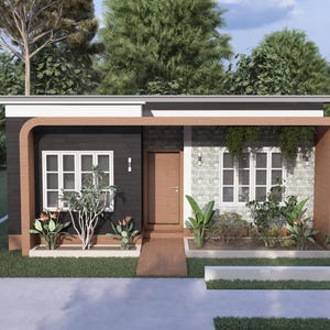 Peut inclure: Une maison moderne &agrave; un &eacute;tage avec un toit plat, avec un ext&eacute;rieur gris fonc&eacute; et un cadre en bois brun clair. La maison a des fen&ecirc;tres &agrave; encadrement blanc, une porte en bois et est entour&eacute;e de verdure.