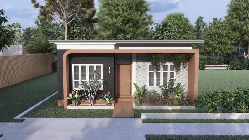 Peut inclure: Une maison moderne &agrave; un &eacute;tage avec un toit plat, avec un ext&eacute;rieur gris fonc&eacute; et un cadre en bois brun clair. La maison a des fen&ecirc;tres &agrave; encadrement blanc, une porte en bois et est entour&eacute;e de verdure.