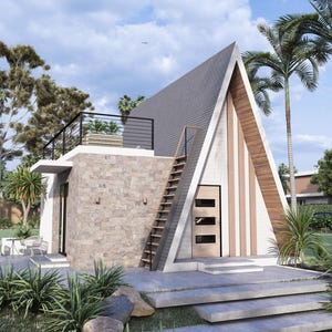 Puede incluir: Casa con estructura en A con techo gris y fachada de madera. La casa tiene un exterior de piedra en un lado y un pequeño balcón. Palmeras y exuberante vegetación rodean la casa, con un cielo azul de fondo.