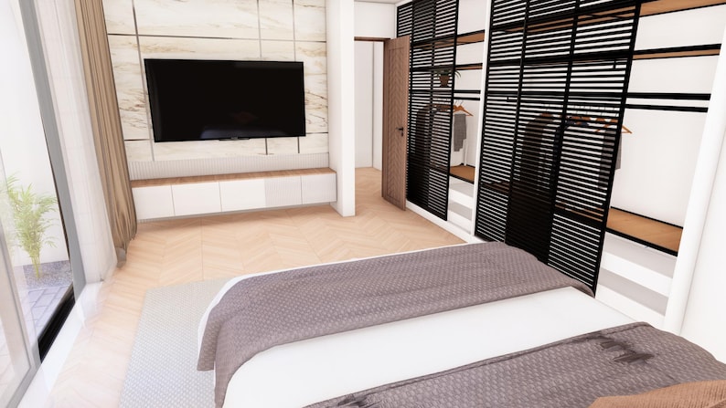 May include: A bedroom interior featuring a bed with a gray textured cover, a wall-mounted television above a white cabinet, and a walk-in closet with black slatted doors. The room has light wood flooring and a marble-patterned accent wall behind the TV.