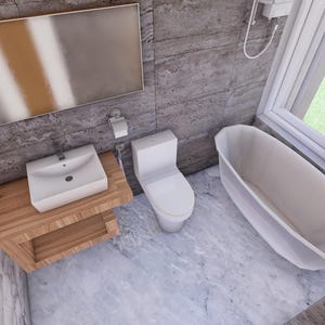 May include: A modern bathroom with a white bathtub, toilet, and sink. The room features a large window, a wooden vanity, and a large mirror. The walls are a mix of gray stone and marble tile.