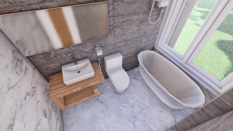 May include: A modern bathroom with a white bathtub, toilet, and sink. The room features a large window, a wooden vanity, and a large mirror. The walls are a mix of gray stone and marble tile.