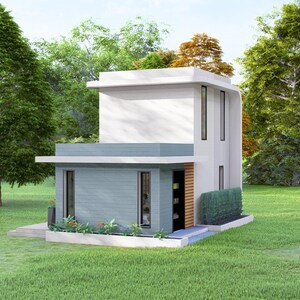 May include: A modern two-story house with a flat roof, painted white and light blue. The house has large windows and is surrounded by green grass and trees. The house has a small front porch and a wooden door.