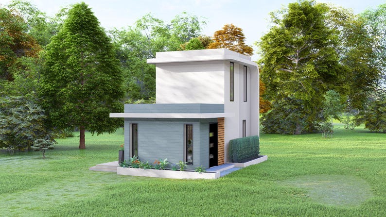 May include: A modern two-story house with a flat roof, painted white and light blue. The house has large windows and is surrounded by green grass and trees. The house has a small front porch and a wooden door.
