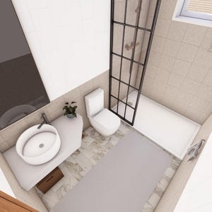 Peut inclure: Vue a&eacute;rienne d'une salle de bain moderne. Comprend un lavabo ovale blanc, des toilettes, une douche avec un cadre en grille noir et un tapis gris clair. Les murs sont carrel&eacute;s dans une couleur neutre, et une petite plante ajoute une touche de vert.