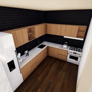 May include: A modern kitchen with light wood cabinets, a white refrigerator, and a stainless steel gas range. The backsplash is black tile, and the countertops are white. The floor is dark wood.