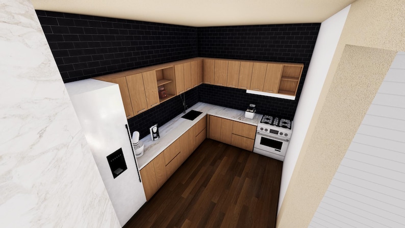 May include: A modern kitchen with light wood cabinets, a white refrigerator, and a stainless steel gas range. The backsplash is black tile, and the countertops are white. The floor is dark wood.