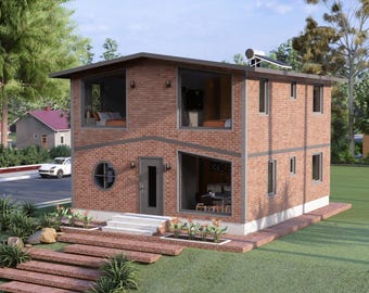 Plan d'étage de la maison cabine moderne de 2 étages : 5 chambres, 1356 pieds carrés (téléchargement numérique)