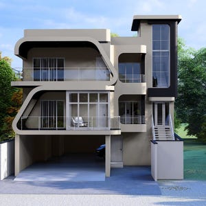May include: A contemporary three-storey house with a beige facade, black trim, and glass balconies. The house includes a garage and is surrounded by trees. The design features curved architectural elements and large windows. The sky is blue.