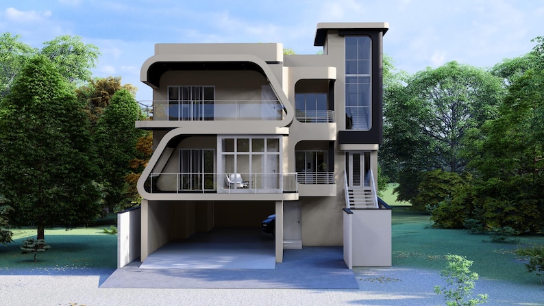 May include: A modern three-story house with a beige exterior, black trim, and glass balconies. The house has a garage and is surrounded by trees. The design features curved architectural elements and large windows. The sky is blue.