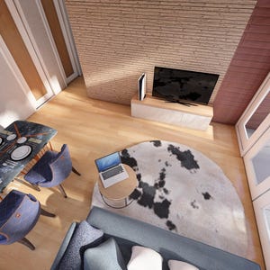 May include: An overhead view of a modern living space with a dining table set for a meal. The table is set with plates, silverware, and flowers. A cowhide rug sits on the floor, and a laptop is on a small table.