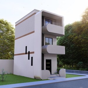 以下が含まれることがあります： 白を基調としたモダンな3階建ての家。グレーと茶色のトリムがアクセントになっています。建物には2つの湾曲したバルコニーと黒い玄関ドアがあります。家は木々と舗装された私道に囲まれています。
