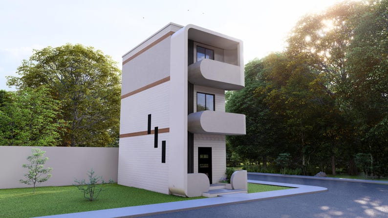 以下が含まれることがあります： 白を基調としたモダンな3階建ての家。グレーと茶色のトリムがアクセントになっています。建物には2つの湾曲したバルコニーと黒い玄関ドアがあります。家は木々と舗装された私道に囲まれています。