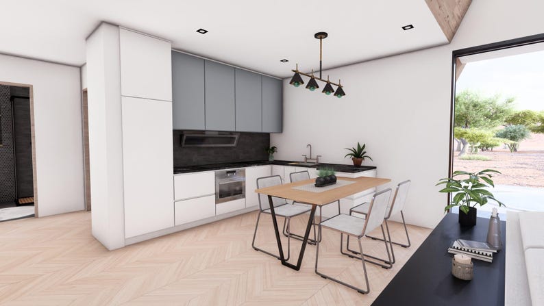 K&ouml;nnte beinhalten: Moderne K&uuml;cheneinrichtung mit wei&szlig;en und grauen Schr&auml;nken, einem Esstisch mit vier St&uuml;hlen und einem gro&szlig;en Fenster mit Blick auf eine Naturlandschaft. Die K&uuml;che verf&uuml;gt &uuml;ber einen Edelstahlbackofen und eine schwarze Arbeitsplatte.