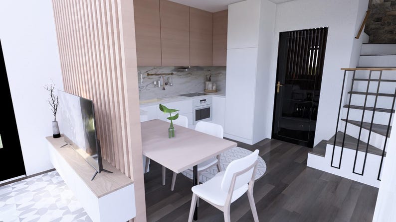 May include: Interior view of a modern kitchen and dining space. It features light wood cabinets, a white countertop, and a dining table with white chairs. A large flat-screen TV is on a white console. The space is well-lit and contemporary.