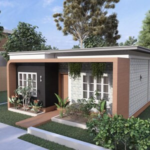 Peut inclure: Une maison moderne de plain-pied avec un toit plat et un design minimaliste. L'ext&eacute;rieur pr&eacute;sente une combinaison de textures, notamment une fa&ccedil;ade textur&eacute;e et des accents en bois. La verdure luxuriante entoure la maison, am&eacute;liorant son attrait.